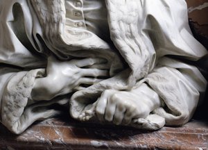 Byst av Gabrielle Fonsecas läkare av påven Innocentius X detalj av händerna som håller i en mantel, från Fonseca Chapel marmordetalj av 96874