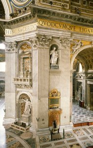 Dekorationer av Gian Lorenzo Bernini (1598-1680) på första pelaren till höger, en av fyra pelare som stöder kupolen på Peterskyrkan, Rom, Vatikanstaten av Gian Lorenzo Bernini