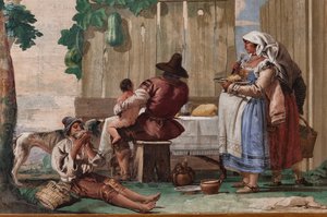 Bondefamilj vid bordet, från rummet med rustika scener, i Foresteria (gästhus) 1757 (fresk)