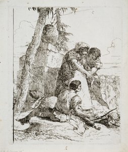 Trollkarl som pekar ut ett brinnande huvud till två ungdomar, ca. 1740-talet av Giovanni Domenico Tiepolo