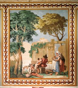 Bondefamiljen vid bordet, från rummet med rustika scener, i Foresteria (gästhuset) 1757 av Giovanni Domenico Tiepolo