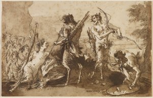 Satyrs and Satyresses in a Landscape, c.1770 (penna & järn gallbläck med bruna och gråa tvättar på lagt papper) av Giovanni Domenico Tiepolo