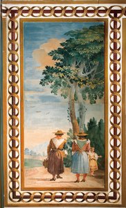 Tre bönder sedda bakifrån, från rummet med rustika scener, i Foresteria, 1757 av Giovanni Domenico Tiepolo