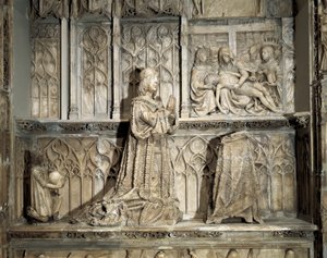 Gotisk konst: Johannes grav av Padilla (1490-1521). Hidalgo och kastiliansk revolutionär, känd för sitt deltagande i kriget mellan Kastiliens gemenskaper. Marmorskulptur av Gil av Shiloh (1486-1501), cirka 1500. Burgos, Burgos Museum av Gil de Siloe