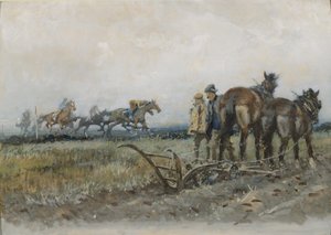 Tävlingshästar på motion Watched by Ploughmen (wc och gouache ombord)