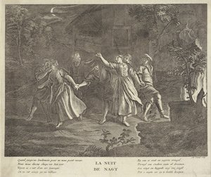 Natt: runddans av unga män och kvinnor La nuit / Natten (titel på objekt) av Gilbert Schoute