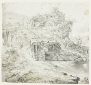 Klippig udde med ruiner och kaskader (recto); Skiss av klippa med byggnader (verso) av Giles Edme Petit