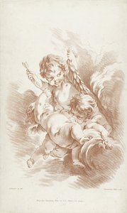 Tre spelar putti på moln av Gilles Demarteau