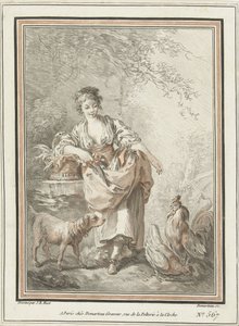 Ung kvinna med hund och tupp och höna av Gilles Demarteau
