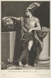 David står med korsade ben och håller Goliats huvud på en piedestal vid l..., ca. 1635-45.