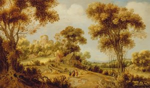 Ett vidsträckt skogslandskap med Kristus på vägen till Emmaus, c.1609-29