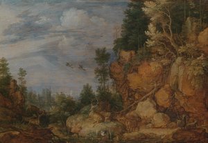 Stenigt landskap med rådjur och getter av Gillis Claesz de Hondecoeter