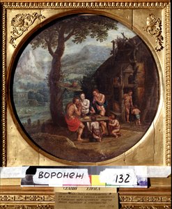 Enoks familj (eller Henoch eller Enoc eller Henoc). Familjen Enoch. Målning av Gillis Mostaert (1534-1598). Holländsk konst, mannerism. Olja på duk. Ivan Kramskoy (eller Kramskoi) konstmuseum i Voronezh (Voronezh), Ryssland.