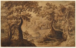 Trälandskap med utsikt av Gillis van III (circle of) Coninxloo