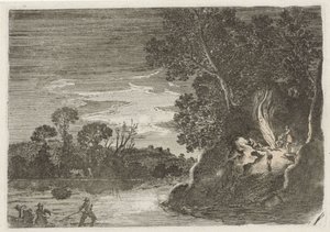 Figurer runt en lägereld Sju landskap (serietitel) av Gillis van Scheyndel (I)