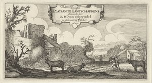 Titeltryck av tolv landskap med figurer Eenighe Playsante Lantschapkens (titel på objekt) Tolv landskap med figurer (serietitel) av Gillis van Scheyndel (I)