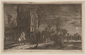 Figurer vid ett förfallet torn: Moonlit Nocturne, från Six Landscapes av Gillis van Scheyndel