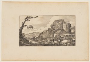 Stig till vänster om en gård som domineras av ett runt torn, från Tolv landskap med figurer av Gillis van Scheyndel