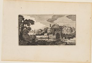 Damm framför träbro och ett hus, ur Tolv landskap med figurer av Gillis van Scheyndel