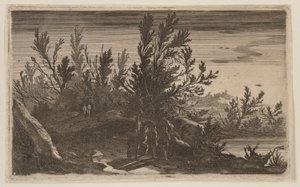 Ryttare på en skogsstig till vänster om dammen, från Six Landscapes