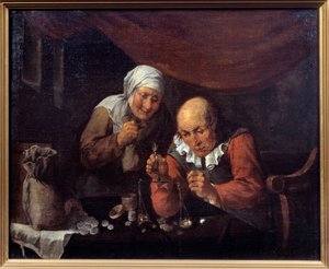 Det giriga gubbparet som väger sina ägodelar. Målning av Gillis Van Tilborgh (eller Tilborch