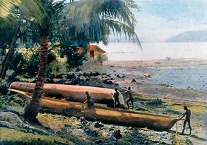 Att bygga kanoter, Andaman- och Nicobaröarna, Indiska oceanen, c1890 av Gillot