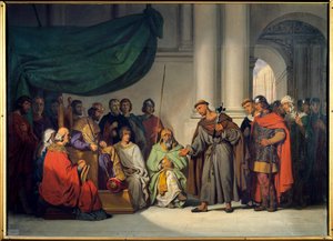 Första korståget: "" Den östliga kejsaren Alexis Comnene (1048-1118) tar emot Peter Eremiten som kom för att förmana honom till korståget i Konstantinopel i augusti 1096"" Målning av Gillot Saint Evre (1791-1858) 1839 Sön. 0,98 x 1,36 m Versailles. Slottsm