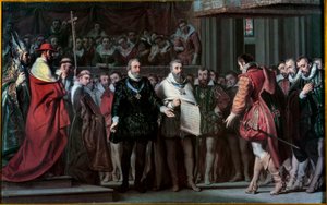 Filip II av Spanien erkänner Henrik IV som kung av Frankrike Målning av Gillot Saint Evre (1791-1858) 1837 Sön. 0,17x0,71 m