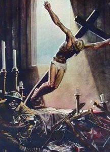 Antiamerikansk WWII-affisch - Black American Pillaging Church - Affisch av Gino Boccasile (1901-1952) - Italian Propaganda Anti USA 1943 - Affisch av Gino Boccasile (1901-1952)