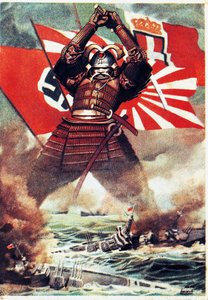 Japanska samurajer sjunker amerikansk flotta vid Pearl Harbor (7 december 1941), affisch av Gino Boccasile (1901-1952), andra världskriget, Italien, 1900-talet
