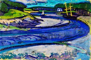 Canal in Britain, av Gino Rossi (1884-1947), olja på papper monterad på duk, 20x30 cm. Italien, 1900-talet.