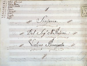 Detalj av första sidan av violinmusiken för en symfoni av Gioacchino Rossini av Gioachino Rossini