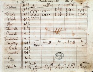 Första sidan med autograf av partitur för akt II av operan Barberaren i Sevilla av Gioacchino Rossini