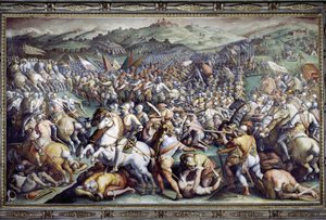 Slaget vid Scannagallo i Valdichiana (Val di Chiana). Freskomålning av Giorgio Vasari och hans ateljé (1511-1574). Palazzo Vecchio (Salone dei Cinquecento)