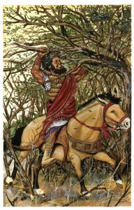 En framställning av Absalom (eller Avshalom, Absalom), Davids son, i Efraims skog, hans hår är taget i grenarna på en ek. av Giorgio Albertini