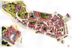 Aeriansk vy över staden Guimaraes: till vänster slottet och klostret som byggdes på 1000-talet. Portugal. Illustration av Giorgio Albertini. (Användningen av denna författares verk är inte föremål för en ansökan om tillstånd från en tredje part eller till  av Giorgio Albertini