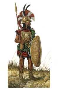 Antika Rom (arkaisk 753-530 f.Kr.): framställning av ett krigsvapen, hjälm, sköld, spjut (monarkisk period på 800-talet f.Kr.) av Giorgio Albertini