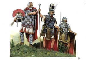 Antika Rom: en centurion, en optio (budbärare mellan centurioner och decurioner) och en legionär. 2:a århundradet av Giorgio Albertini