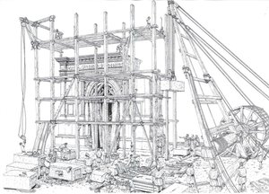 Antika Rom: Rekonstruktion av en byggarbetsplats för en valvbåge under 1:a århundradet e.Kr. Arbetarna hissar upp marmorblocken med hjälp av byggnadsställningar och trissor. Illustration av Giorgio Albertini. (Användningen av denna författares verk är inte av Giorgio Albertini