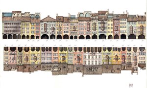 Arkitektur: Platt vy av Via dei Portici, täckt galleri med portik, tillsammans med färgade hus, från staden Bolzano, Italien Illustration av Giorgio Albertini. (Användningen av denna upphovsmans verk är inte föremål för en ansökan om tillstånd från av Giorgio Albertini