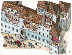 Barockkonst: vy och arkitektonisk sektion av palatset Chigi a Ariccia, Lazio, på 1600-talet. Interiören i familjerummen och tjänstefolkets bostäder är synliga. Italien, Italien av Giorgio Albertini