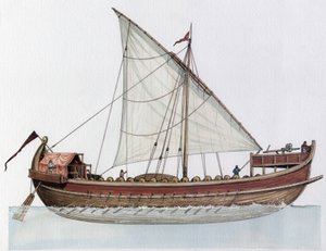 Bysantinska riket: rekonstruktion av en dromon, krigsfartyg, 9-1100-talet. av Giorgio Albertini
