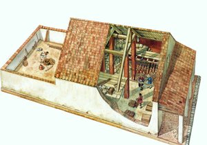 Bysantinsk arkitektur: rekonstruktion av en Class-butik, magasin i Classe-dockområdet, hamnen i staden Ravenna (Ravenna) på kejsar Justinianus tid. Italien 7: e århundradet. Byggnadens sektion gör att du kan se de lagrade varorna. av Giorgio Albertini