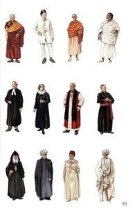 Kostymer och klänningar av medlemmar av prästerskapet i olika religioner, buddhistmunk, ortodox, kardinal, protestantisk pastor.