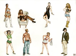 Kostymer av prostituerade och gigolos med provocerande attityder och olika stilar. av Giorgio Albertini