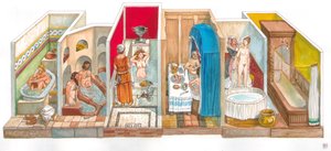 Dagligt liv: utvecklingen av sanitära system och hygien: tavlan föreställer bad, bad, bad, toaletter från antiken till modern tid. av Giorgio Albertini