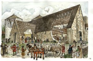 Leverans av livsmedel, livsmedel, förnödenheter i ladugården i ett franskt kloster på 1300-talet, snitt av klosterbyggnadernas struktur som gör det möjligt att se aktiviteterna och interiören i magasinen av Giorgio Albertini