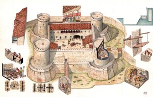 Detaljvy från luften över det aragonska slottet Venosa, byggt av Pirro del Balzo 1470, nära Potenza i Basilicata, Italien Kupor gör att man kan se fångar i cellerna i tornen som fungerade som fängelse. Detaljvyer visar soldater i försvarsposition, häll av Giorgio Albertini
