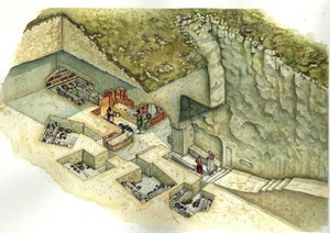 Etruskisk civilisation: rekonstruktion och skärning av graven Francois de Vulci 3:e århundradet f.Kr. Italien av Giorgio Albertini