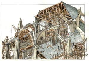 Gotisk konst: rekonstruktion av byggarbetsplatsen för en gotisk katedral, arbetarna klättrar på byggnadsställningar och använder taljor. 1200-talet Illustration av Giorgio Albertini. (Användningen av denna författares verk är inte föremål för en ansökan om av Giorgio Albertini